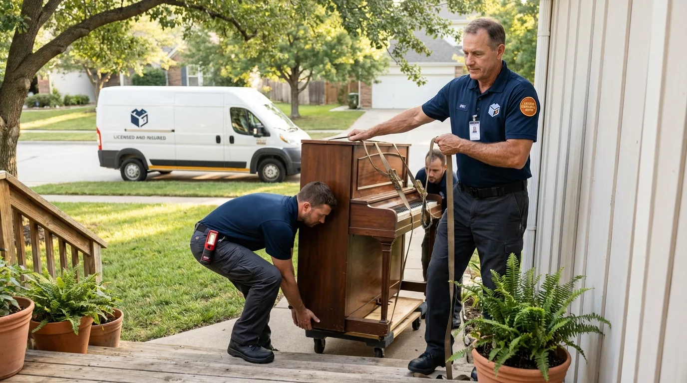 Licensed piano movers securing grand piano in Waupaca, WI