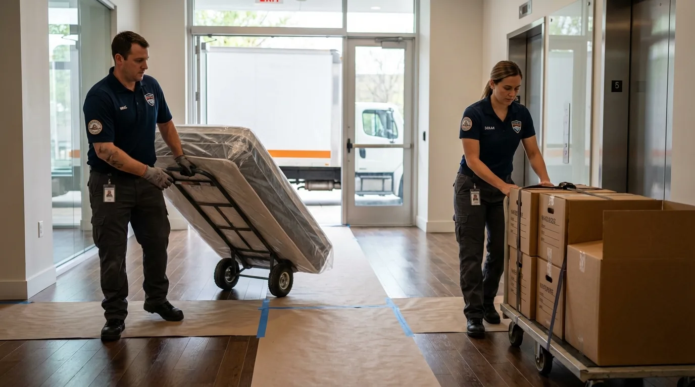 Professional apartment movers loading elevator in Waupaca, WI