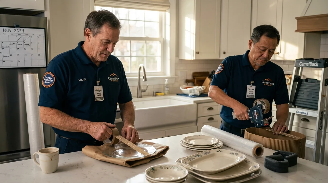 Professional crew packing kitchen dishware in Waupaca, WI